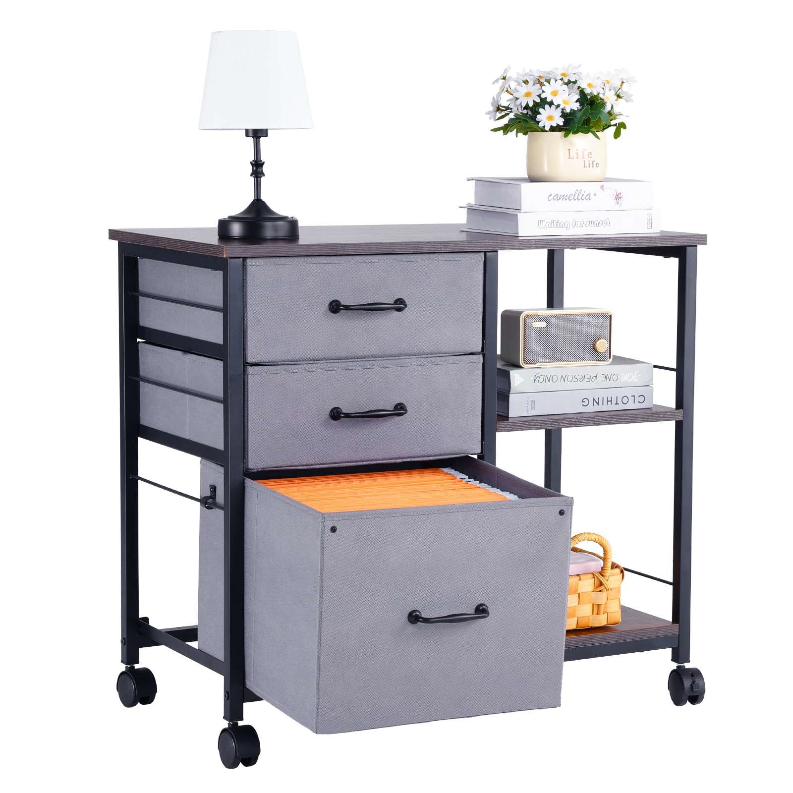 Mobile Metal File Cabinet With 3 Fabric Drawers And 2 Open Shelves Brown_voghion.com